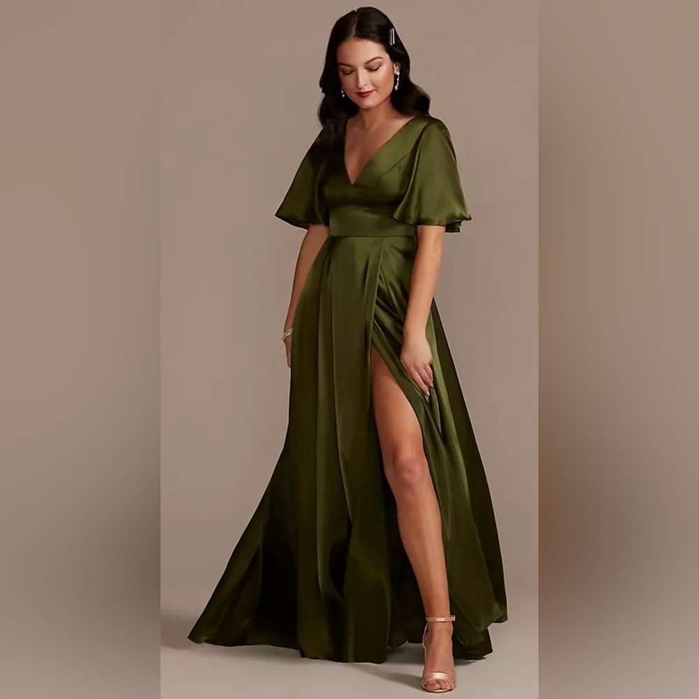 David’s Bridal Charmeuse Flutter-Sleeve A-Line Dress Martini Olive NWT